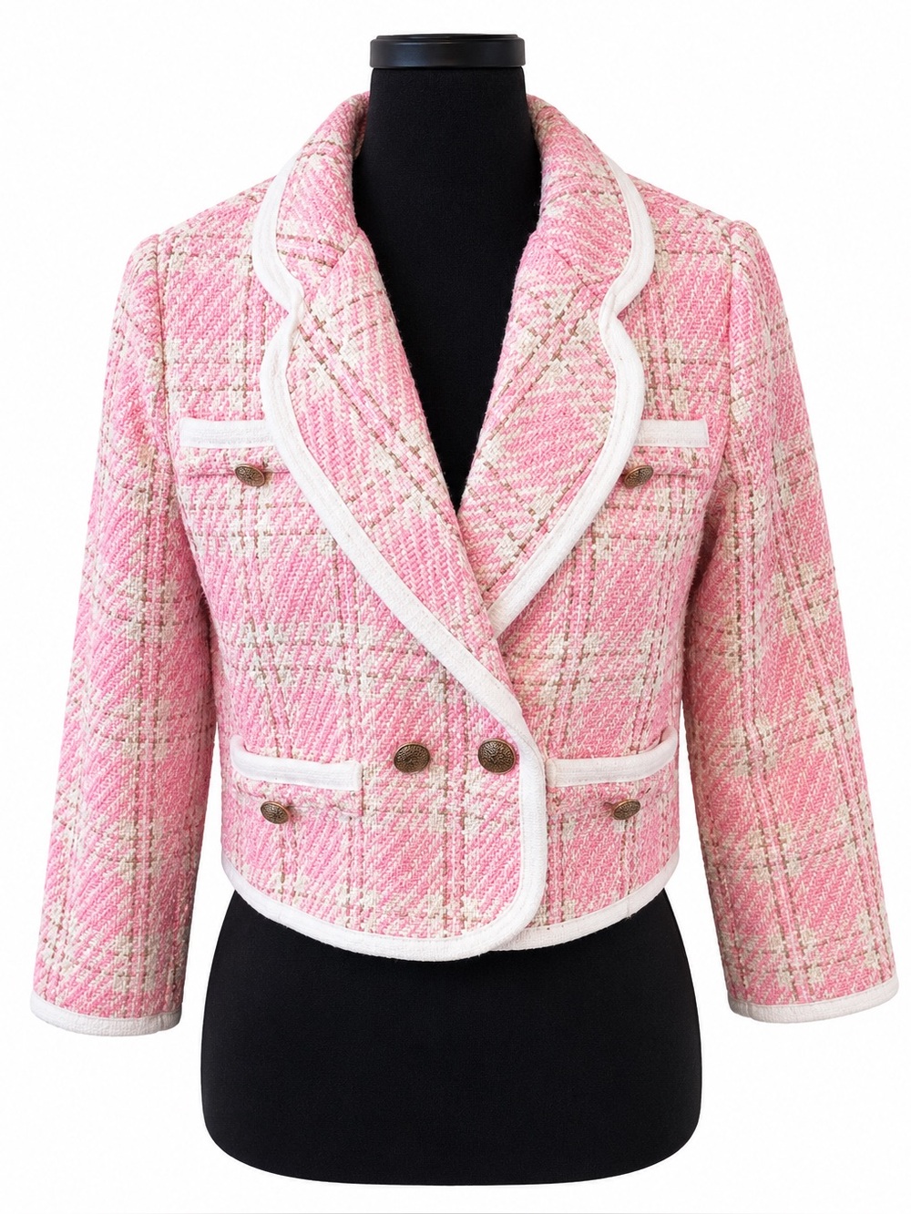 Hello Pink Tweed Plaid Cropped Blazer Jacket White Trim Gold Buttons No Size Tag